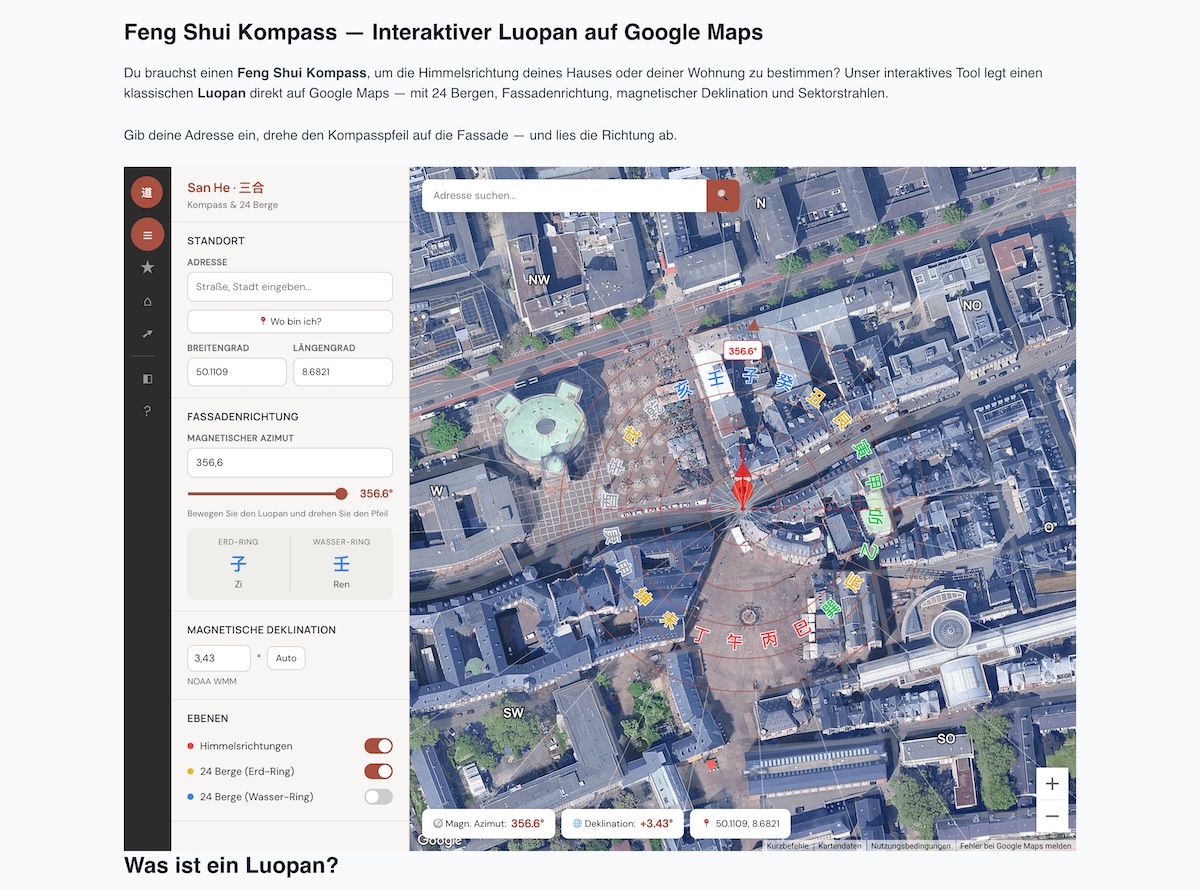 Feng Shui Kompass — Luopan Overlay auf Google Maps